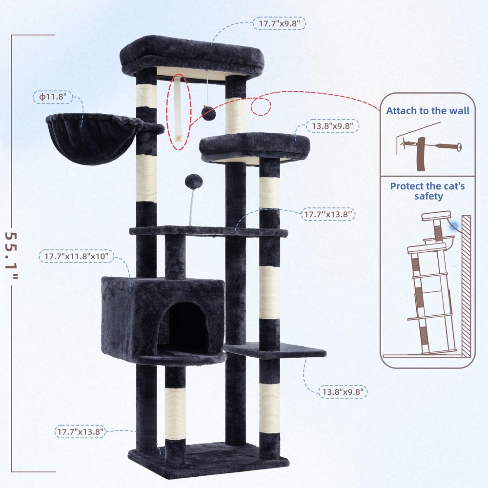 Indoor Cat Tree Tower with 7 Scratching Posts, Multi-Level Condo Play Area