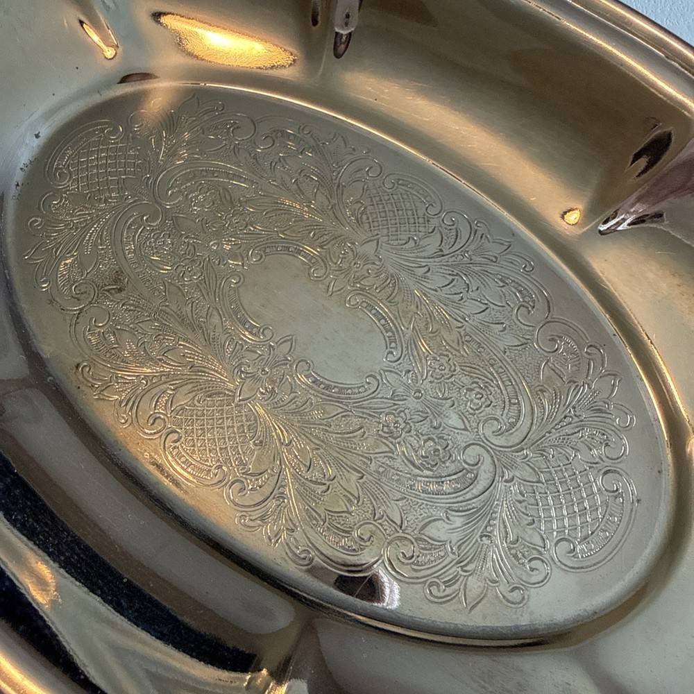 VTG Silver Plated Oval Scalloped Trinket Dish Holder 12” Etched Bottom (read)