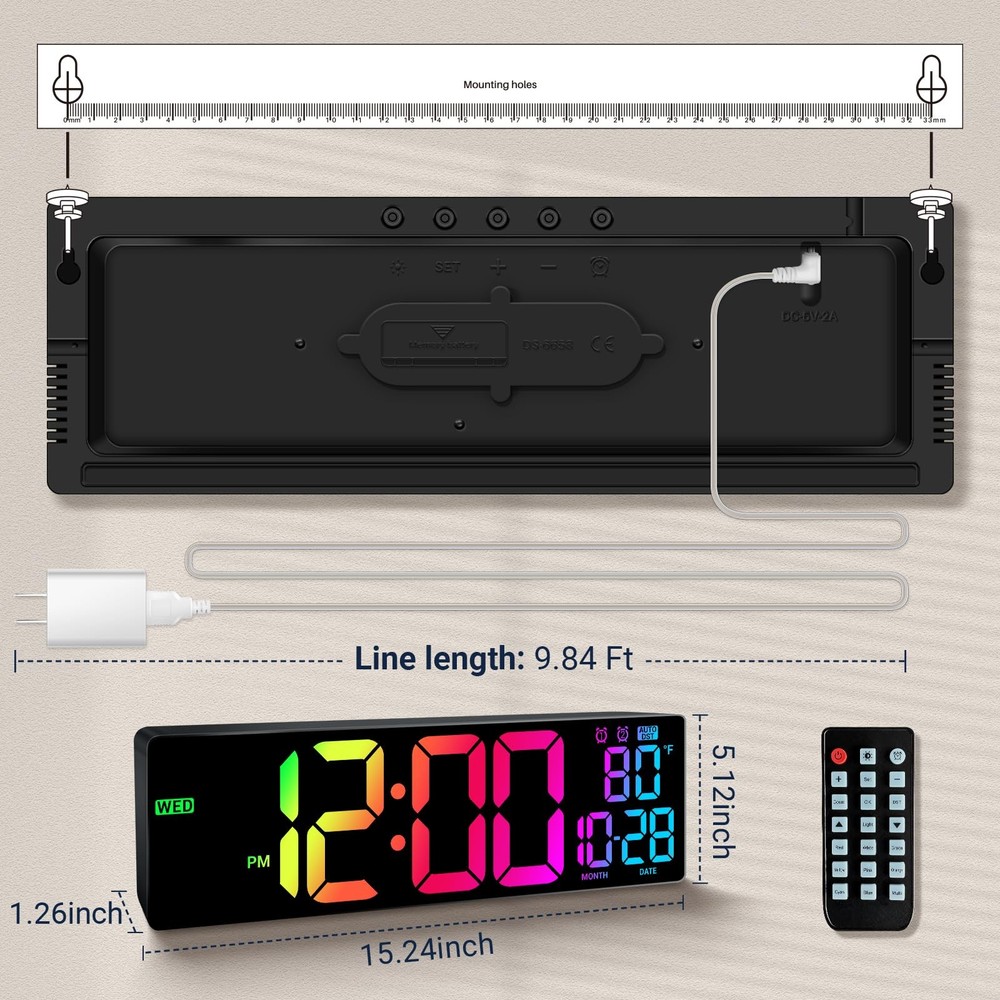 16.5" Large Digital Wall Clock with Remote Control, Auto-Dimming LED Display ...