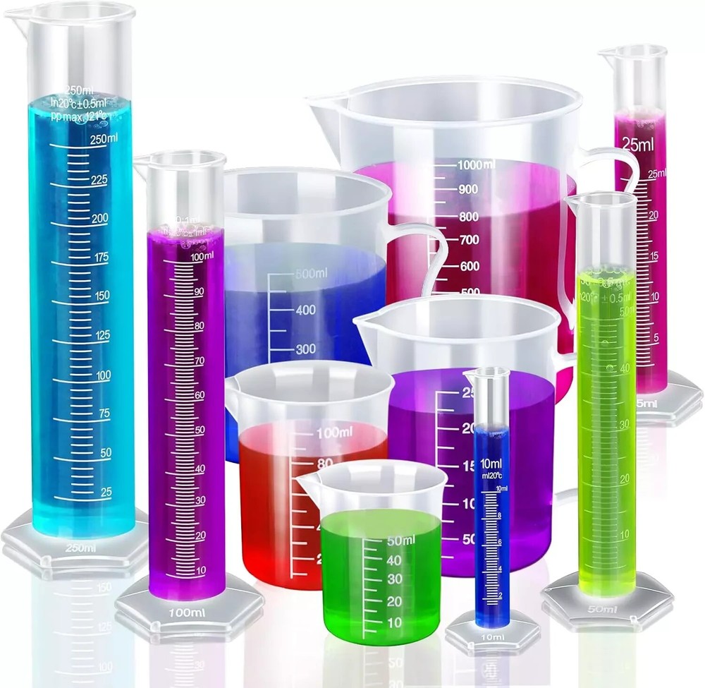 10Pc Plastic Graduated Cylinder & Beaker Set 10Ml-1000Ml Clear
