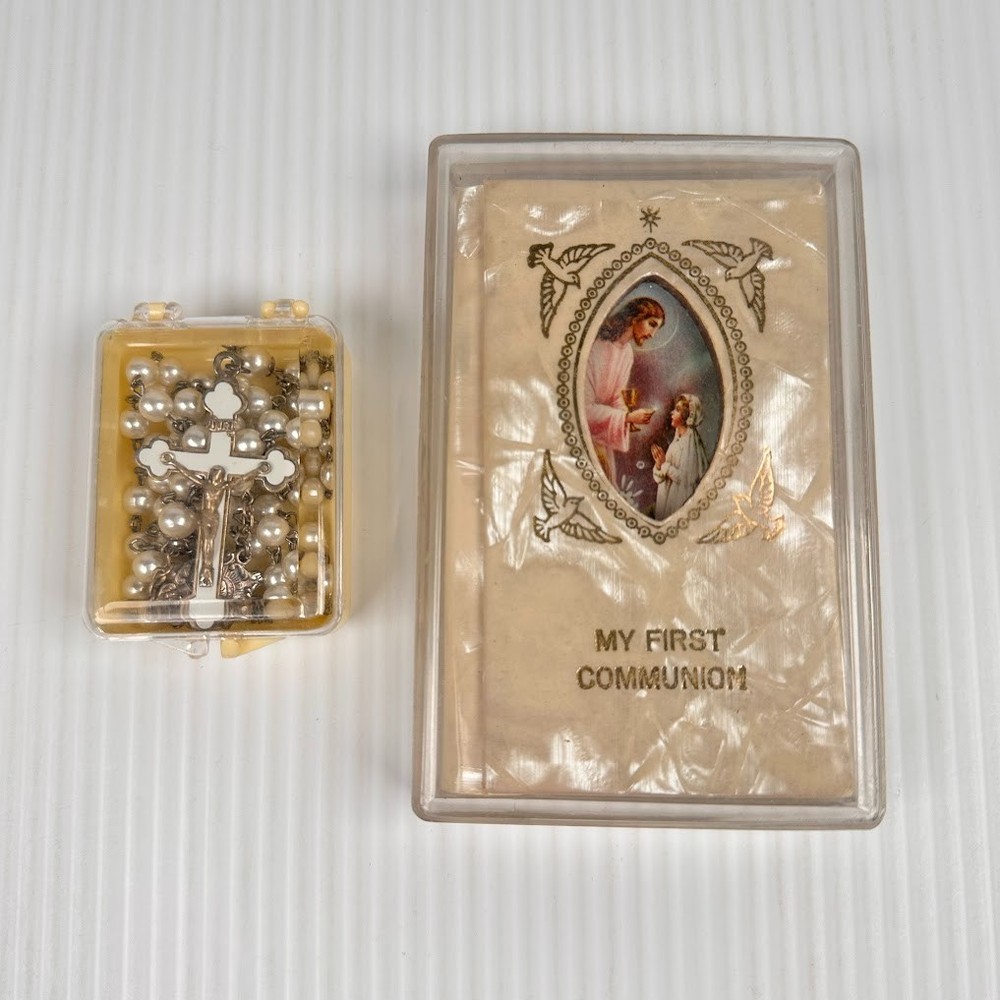 Vintage First Communion Prayer Book and Rosary