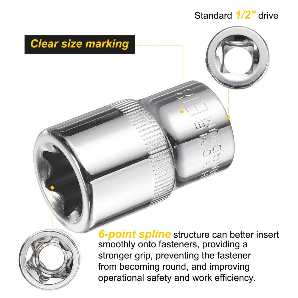 E-Torx Socket 1/2" Drive E18 Star Socket 1.5" Length 6 Point Spline Sleeve