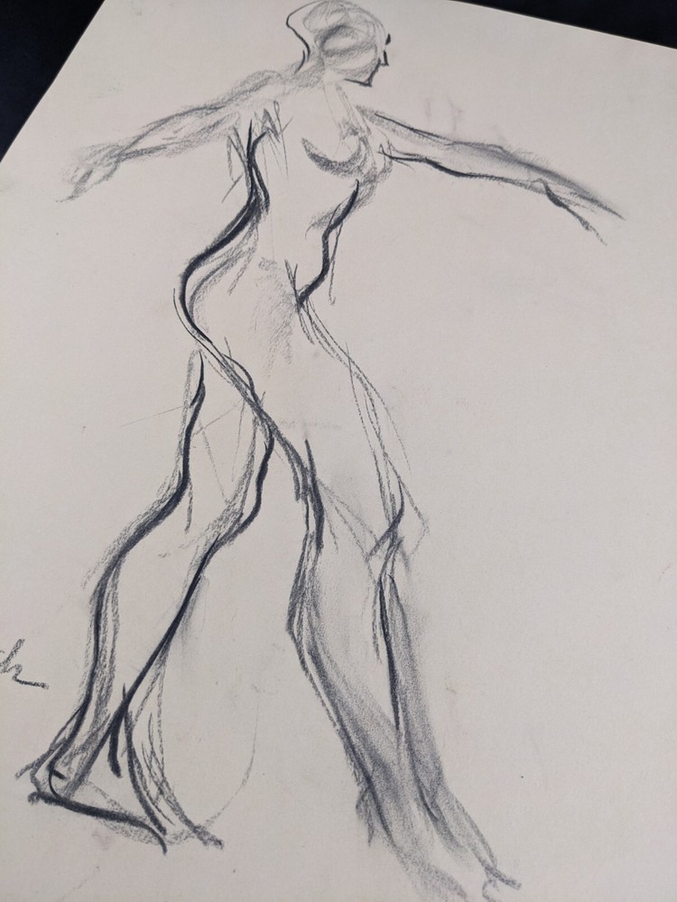 Walter Eck, dancing female nude, drawing, autographed