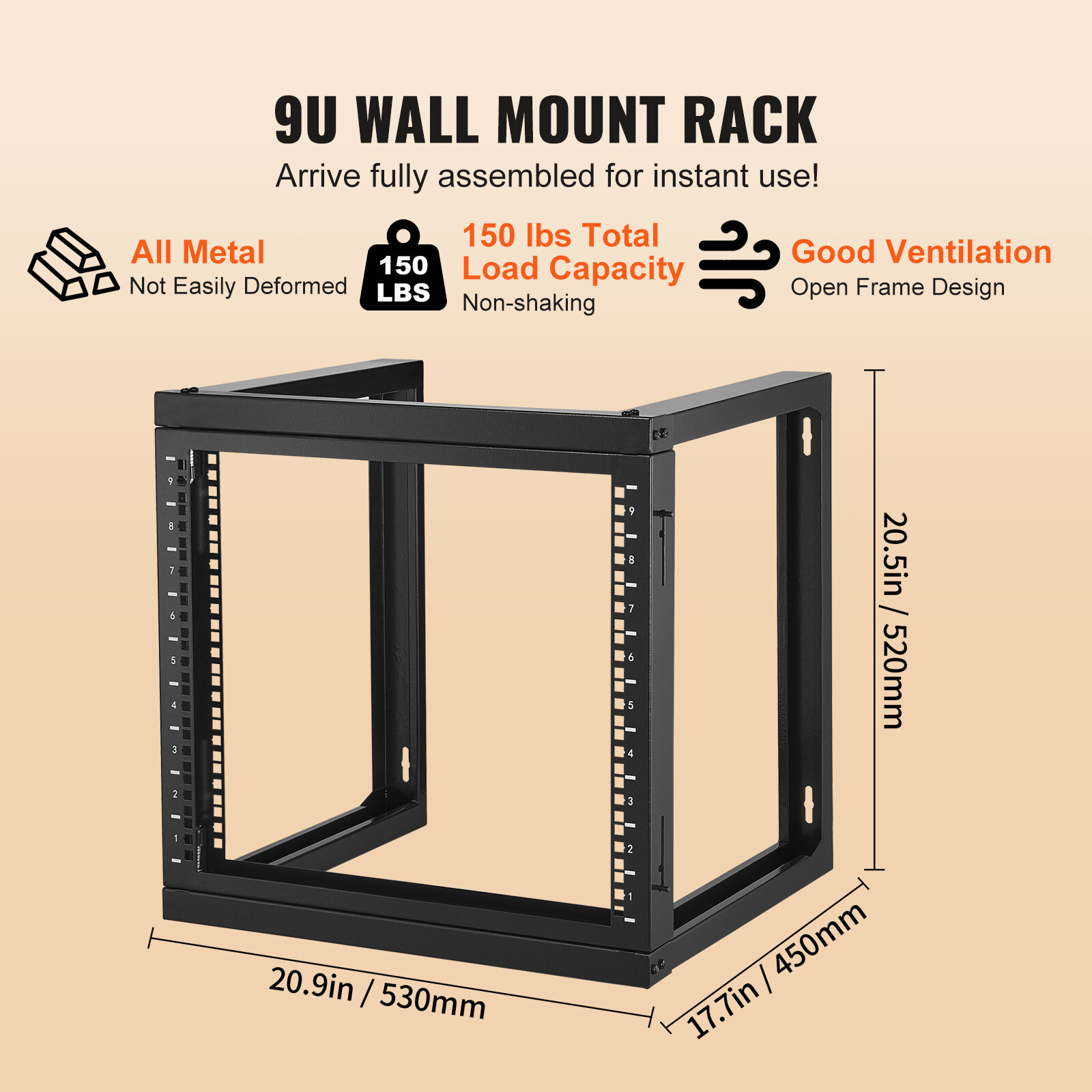 VEVOR 9U Wall Mount Rack 150 lbs/68.04 kg Open Frame Server Network Rack Black