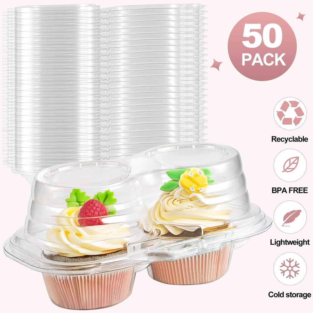 50 Pcs 2 Compartment Cupcake Container Carrier Holder 2 Cavity Boxes Stackable