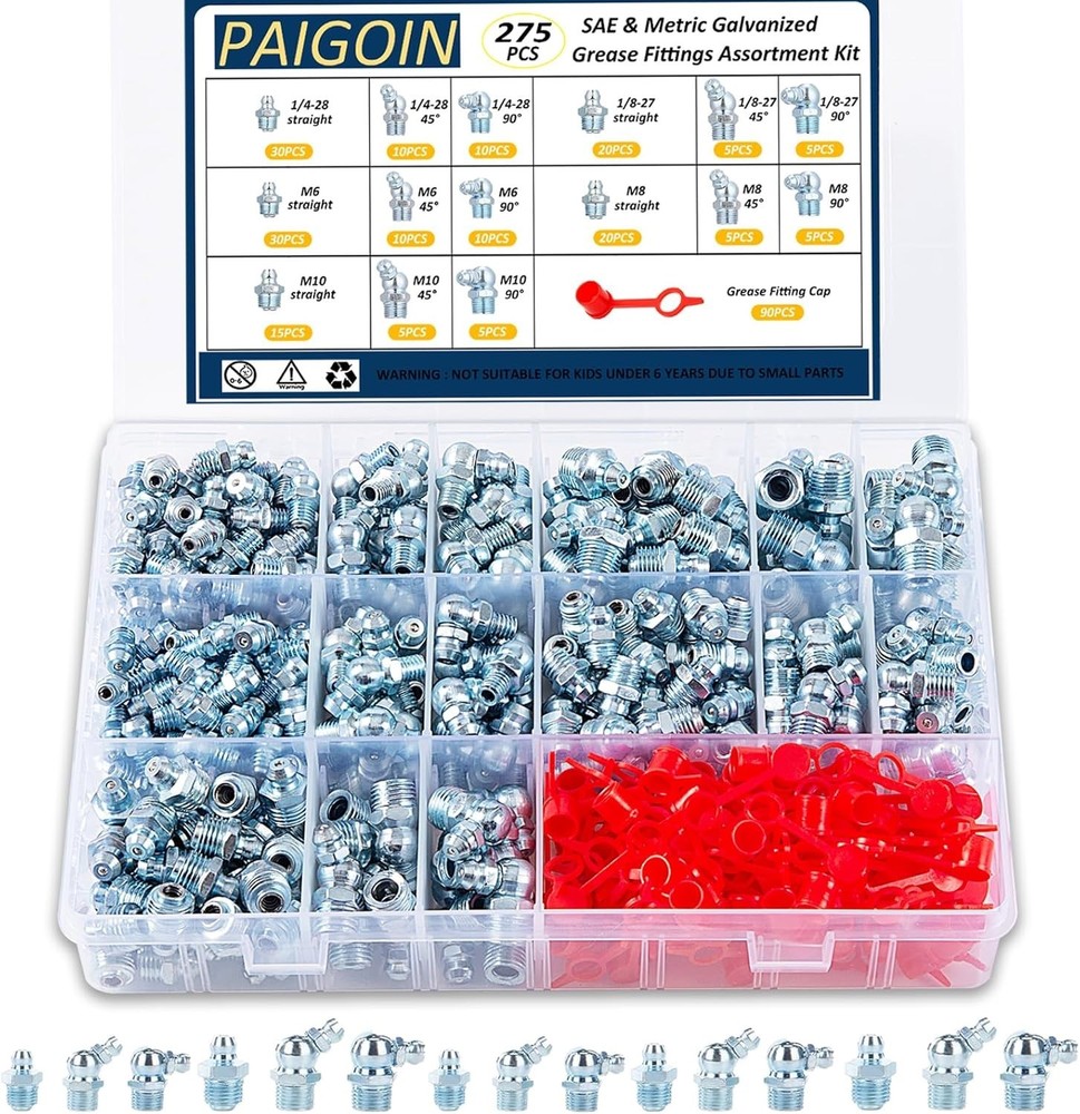 275PCS SAE & Metric Grease Fitting Assortment with Caps, Hydraulic Galvanized