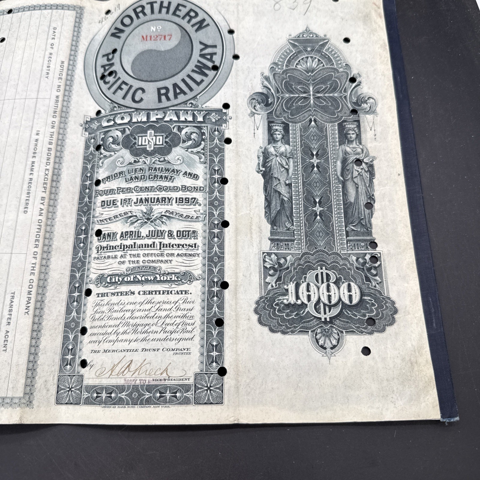 Northern Pacific Railway Co. 1897 dated $1,000 Railroad Gold Bond Gorgeous