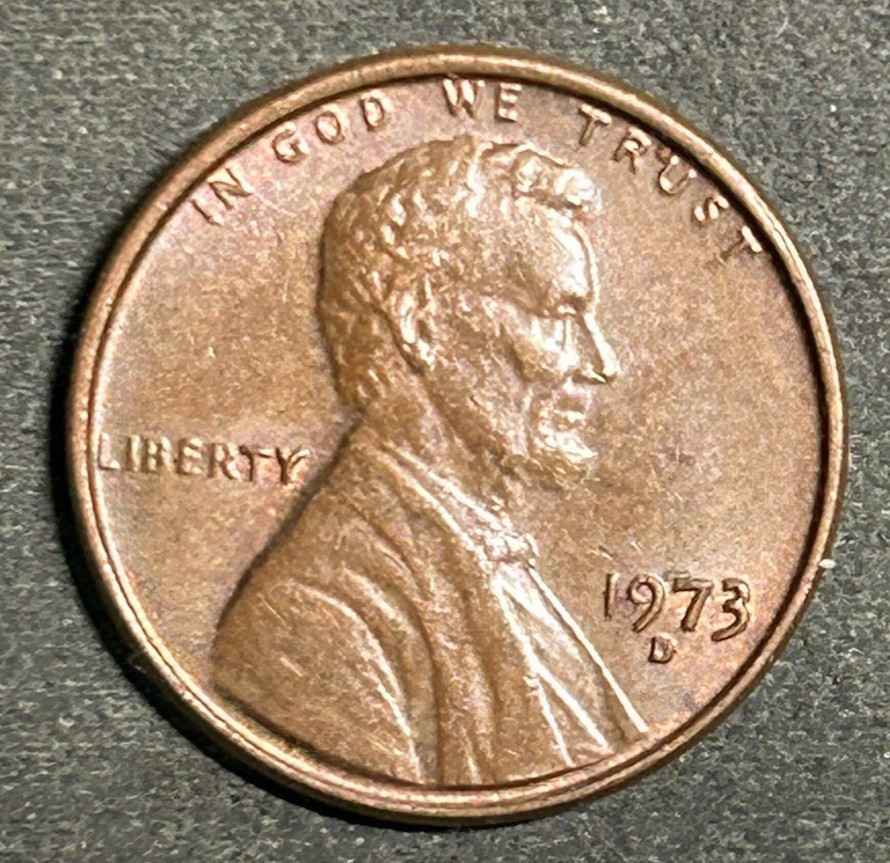 1973 D Lincoln Cent Struck Through Grease Reverse.