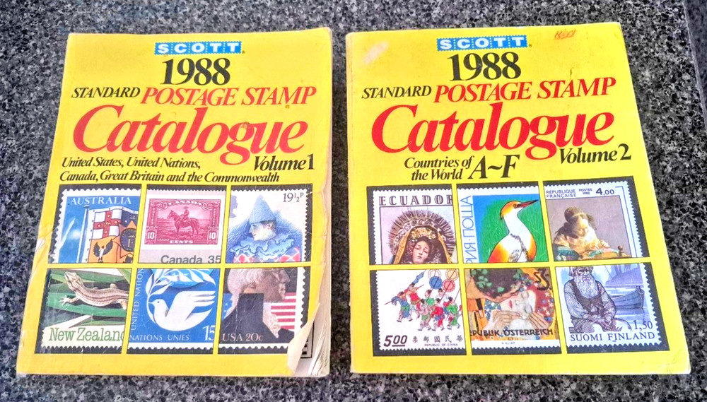 1988 SCOTT POSTAGE STAMP CAT. -VOL. 1 AND VOL. 2 - US, UN, BRITISH, WORLD A-F