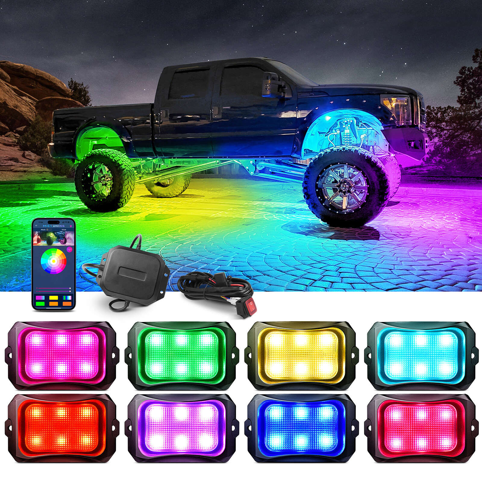 MICTUNING 8 Pods RGB+IC Chasing LED Rock Lights - Underglow Neon Light Kit Truck
