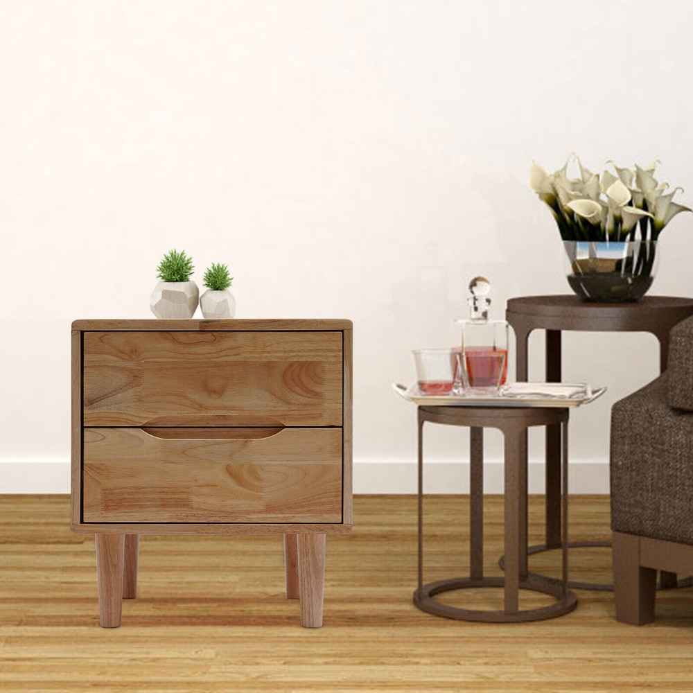 Nordic Style Solid Wood 2 Drawers Bedside Table Nightstand Home Decor