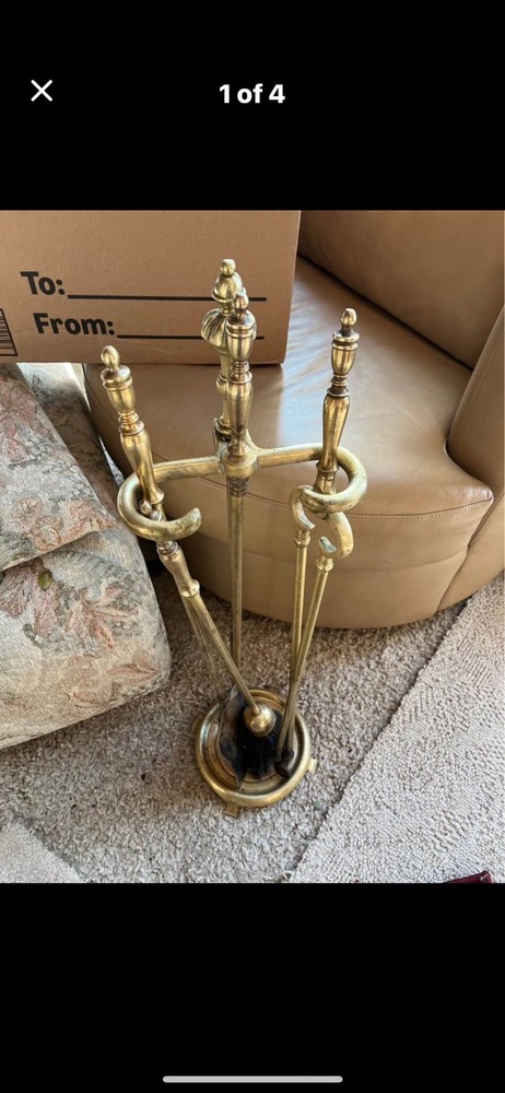 Fireplace Tool Set Vintage Brass. 4 Tools + Stand
