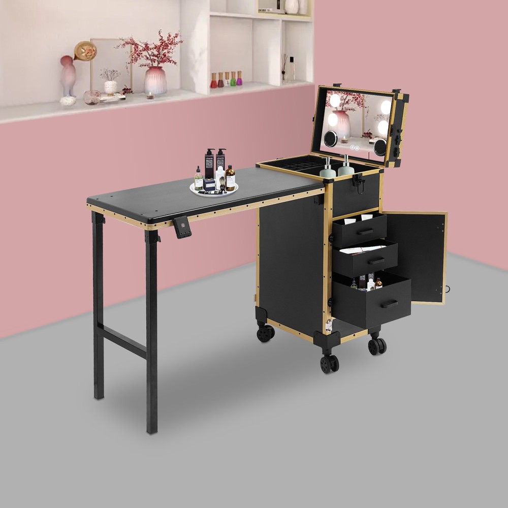 Rolling Makeup Case with Mirror Light Bluetooth Speaker Black Gold Trim Lockable