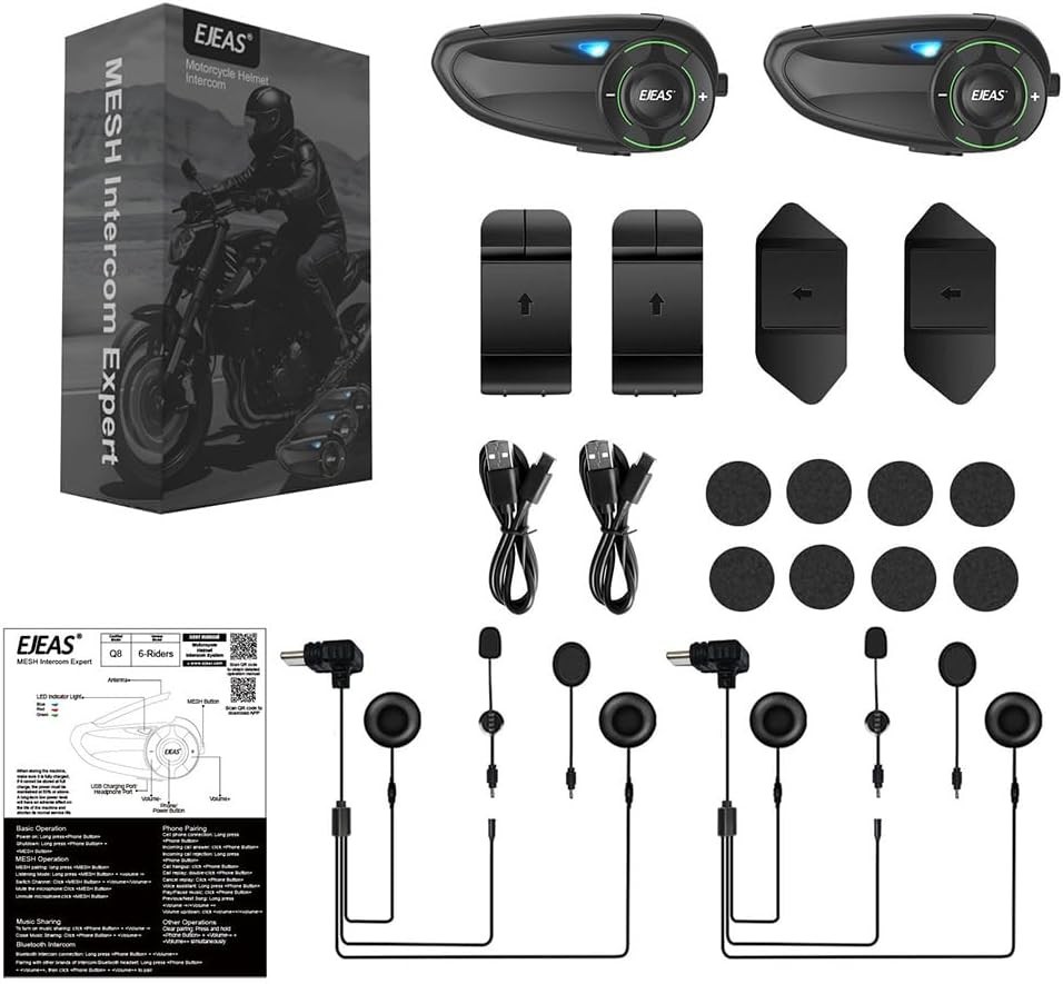 2 Pack EJEAS Q8 Mesh 3.0 Bluetooth Intercom Headset with 6 Riders 1000m Group