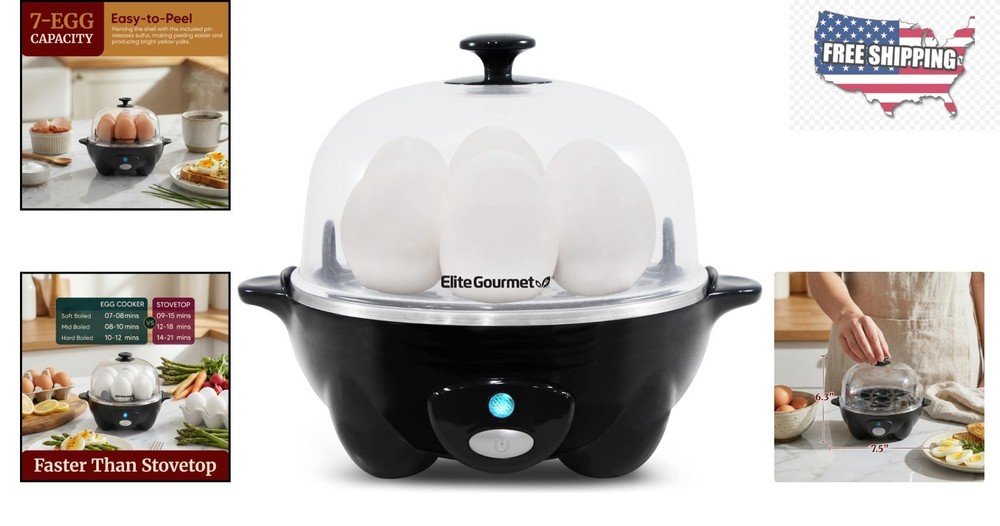 Compact Egg Cooker for 7 Eggs - Includes Recipe Booklet & Auto Shut-Off