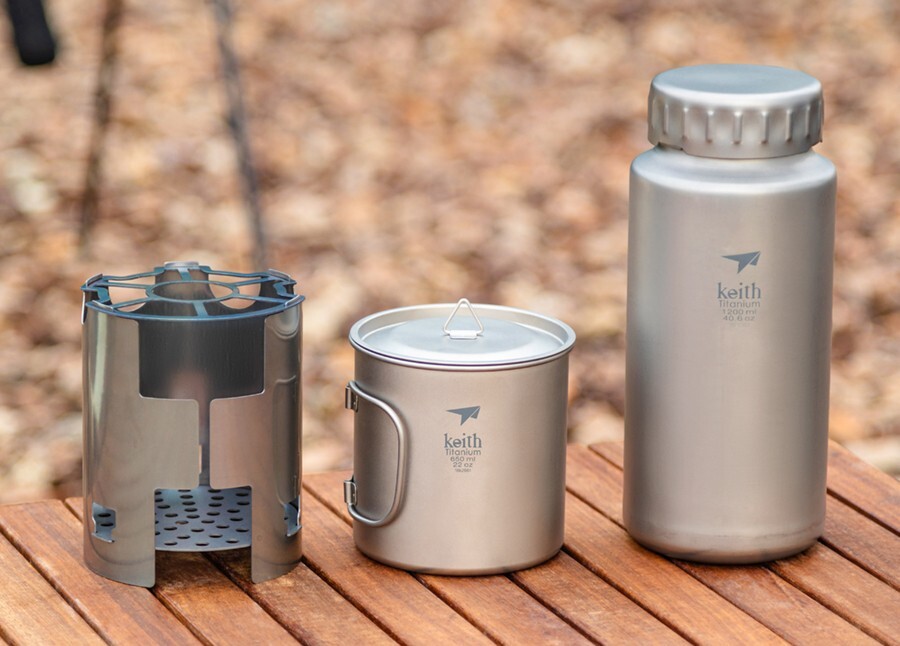 Keith Titanium Ti3070 Nesting Camp Set - Plastic-Free Bottle, Mug & Wood Stove
