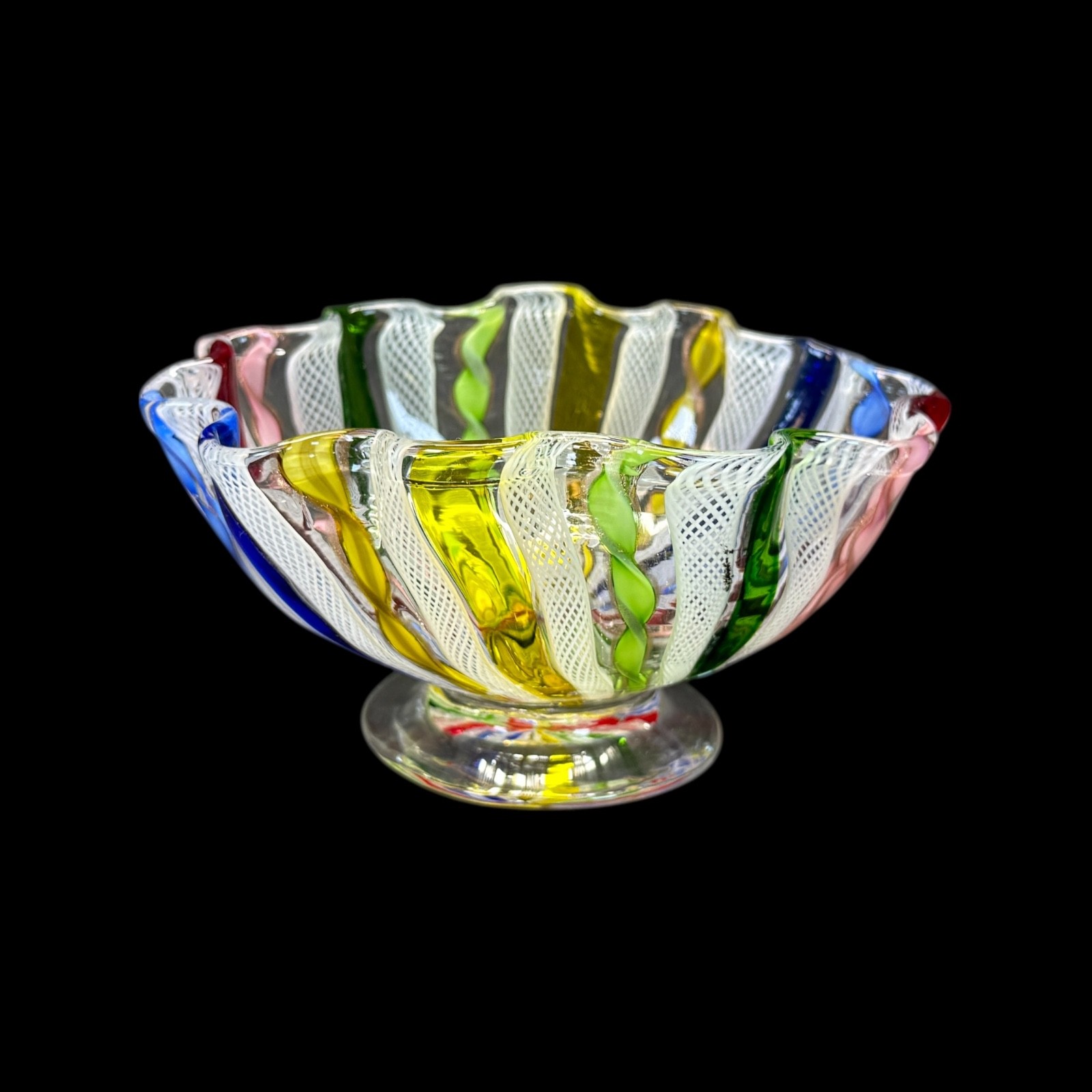 Murano Italy Latticino Decorative Footed Glass Bowl Vintage Ribbon Multicolored