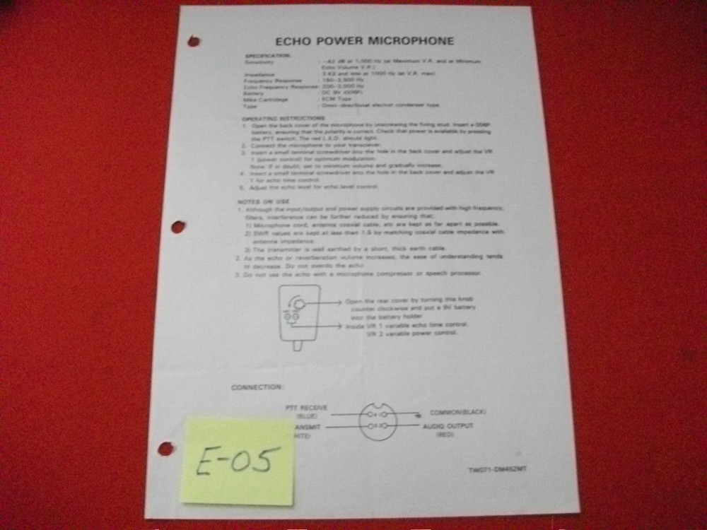 ECHO DM-452 POWER MICROPHONE INFORMATION, SPECIFICATIONS & INSTRUCTION SHEET VGC