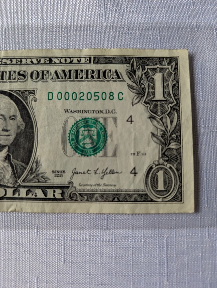LOW SERIAL NUMBER 2021 Series One Dollar Bill 00020508 - Also DC Zip Code