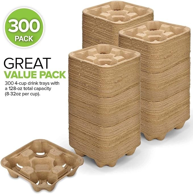 4 Cup Disposable Coffee Tray (300 Count) - Biodegradable and Compostable