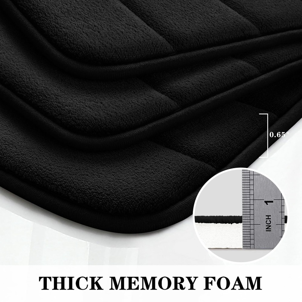 Washable Bath Mat Set, Soft Memory Foam, Non Slip 3pc, Black