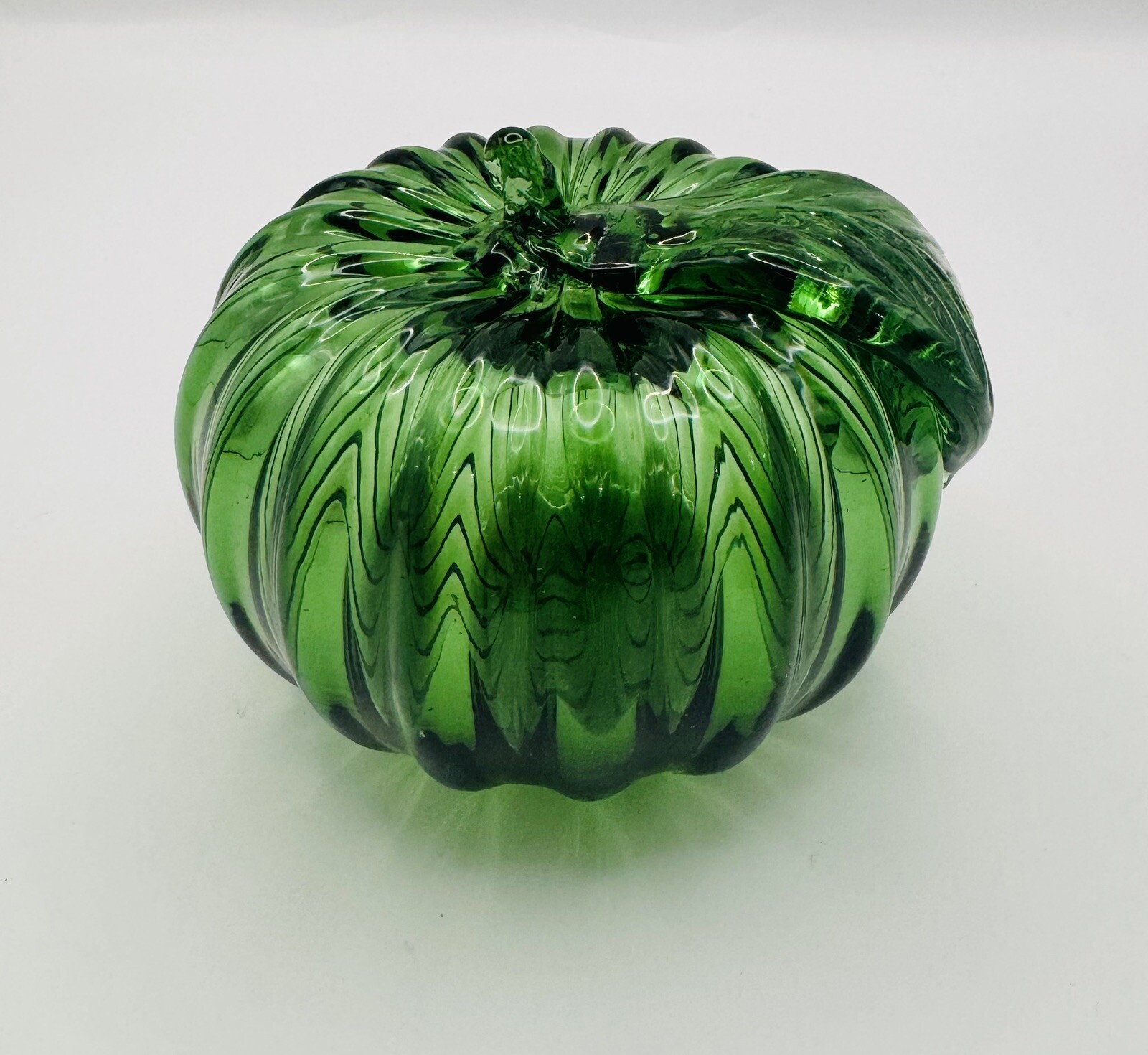 Vintage Hand-Blown Glass Green Apple/Pumpkin Paperweight Home Decor