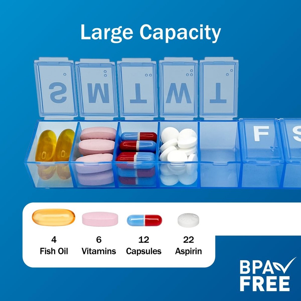 Amazon Basic Care 7-Day Weekly Pill Organizer, 1 Count (Pack of 1), Blue
