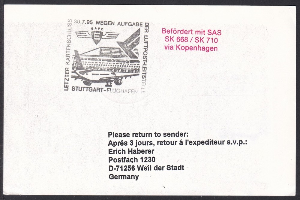 FCV0154 Flight Card, Germany, Stuttgart - Vantaa, Plane Postmark