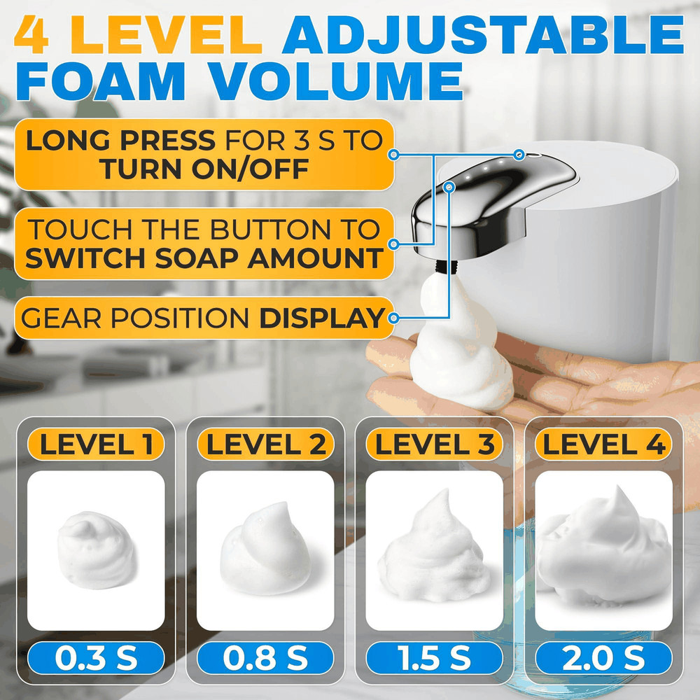 Automatic Soap Dispenser 13.5oz Touchless Foaming, USB Rechargeable, 4Level