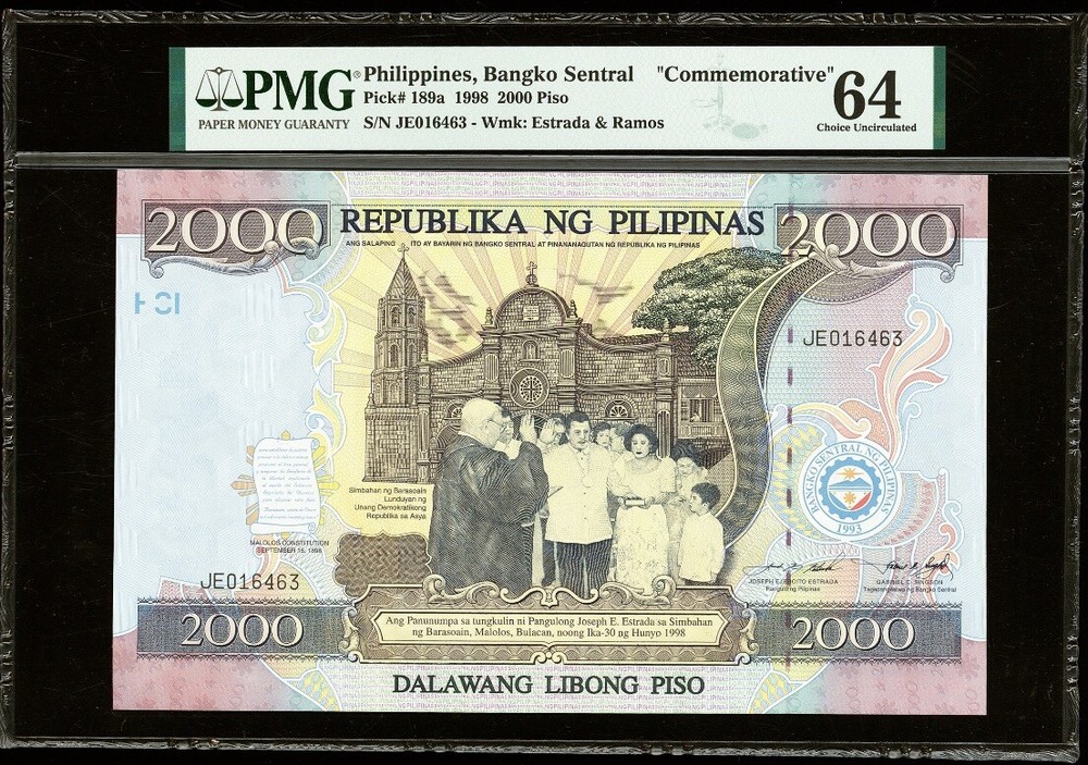 Philippines 2000 Piso 1998 Pick# 189a PMG: 64 Choice UNC. #PL1406