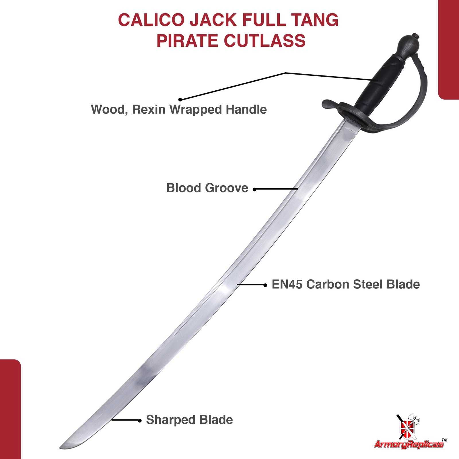 Battle Ready Pirate Cutlass Sword 31" Full Tang Carbon Steel Replica w/Scabbard