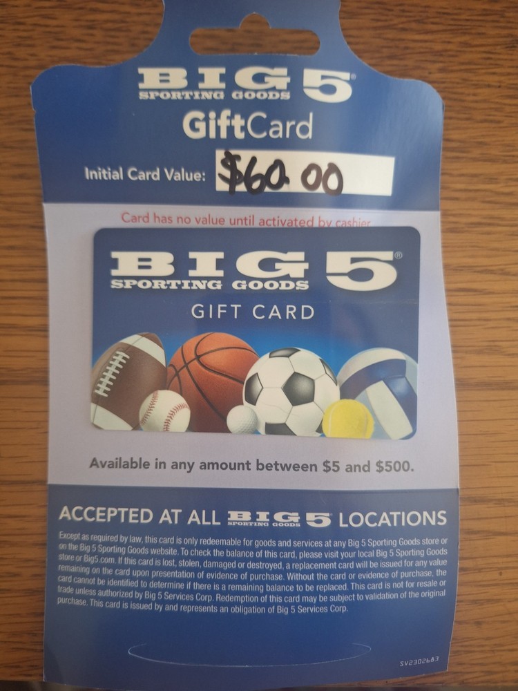 $60.00 Value Big 5 Sporting Goods Gift Cards