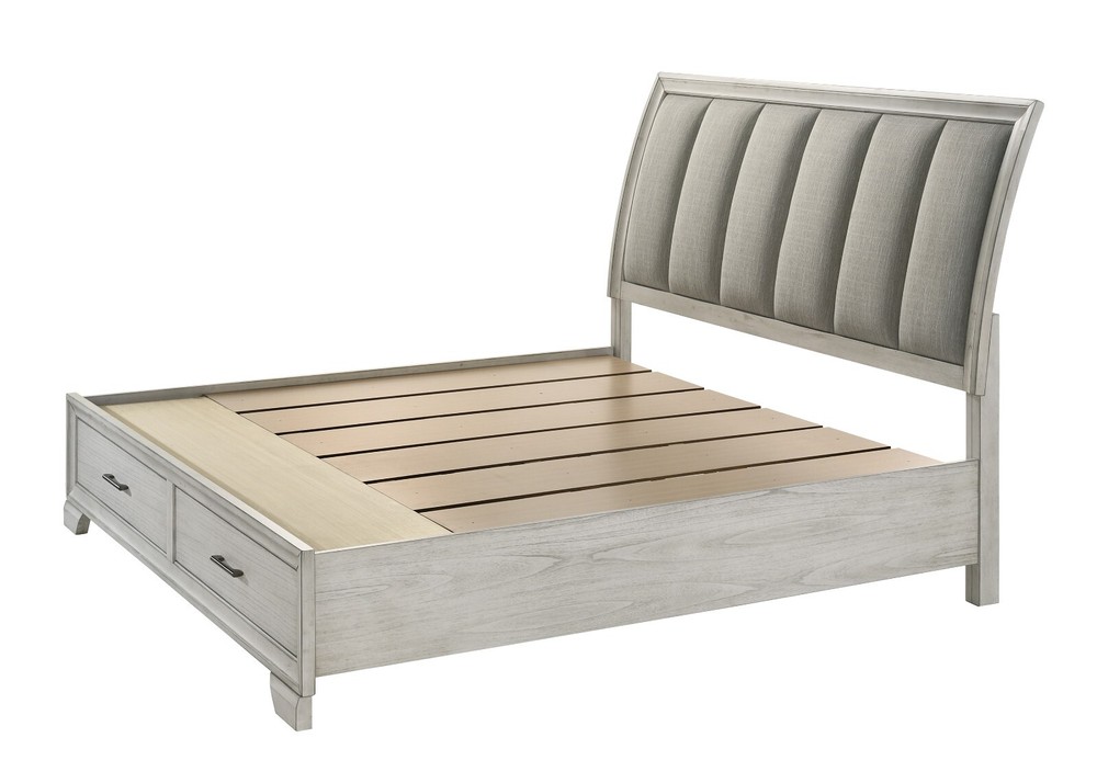 6Pc King Size Platform Storage Platform Bed Set White Cream Finish Solid Wood