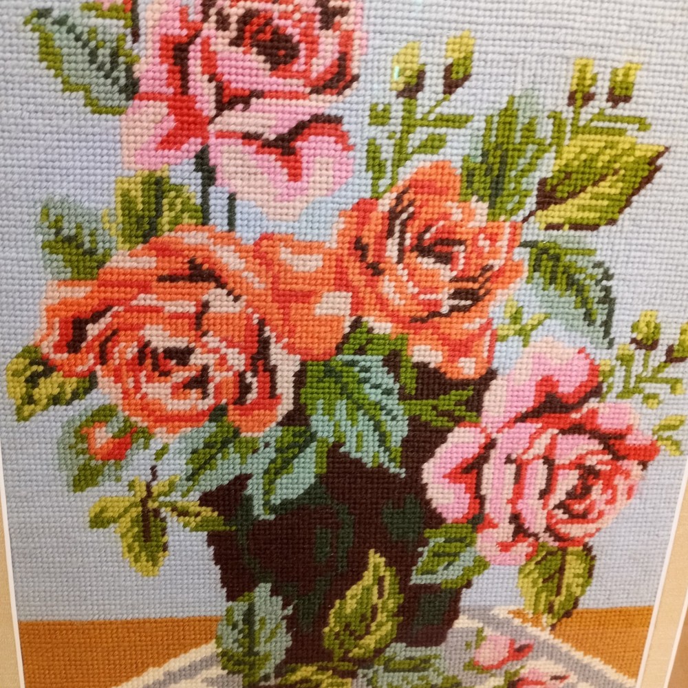 Beautiful Vintage Roses Needlepoint Framed Artwork