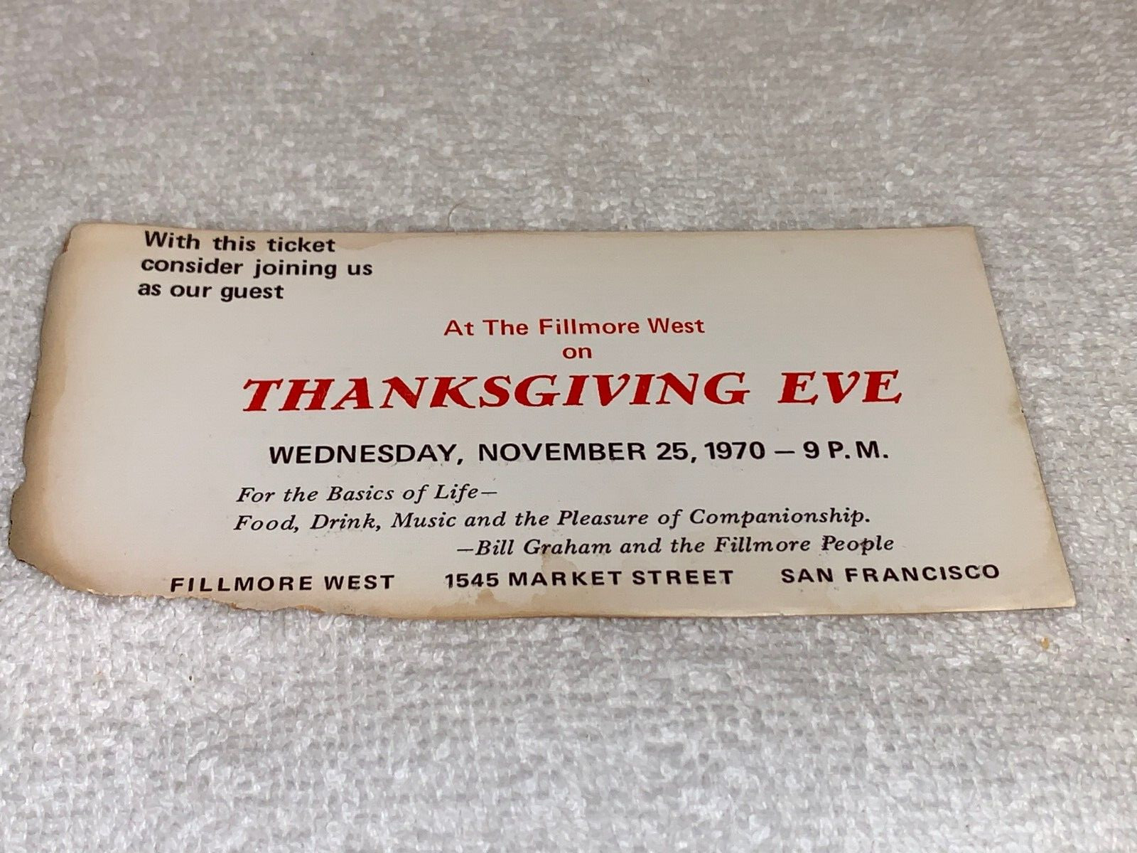 BILL GRAHAM 1970 CONCERT TICKET FILLMORE USA GRATEFUL DEAD Allman Brothers Band