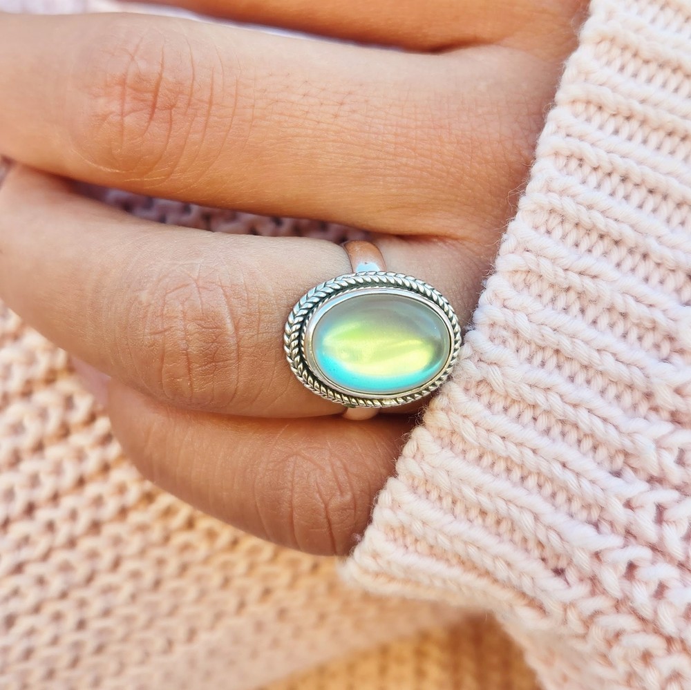 Angel Aura Quartz Ring 925 Sterling Silver Boho Ring Gemstone Statement Ring