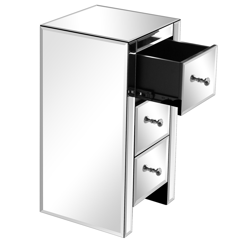 Mirrored Glass Bedside Table Dazzling Bedside Cabinet with Three Drawer