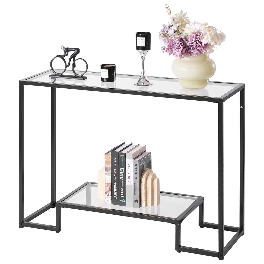 [New]2-Tier Glass Console Table, Modern Rectangle Sofa Side Table with Tempered