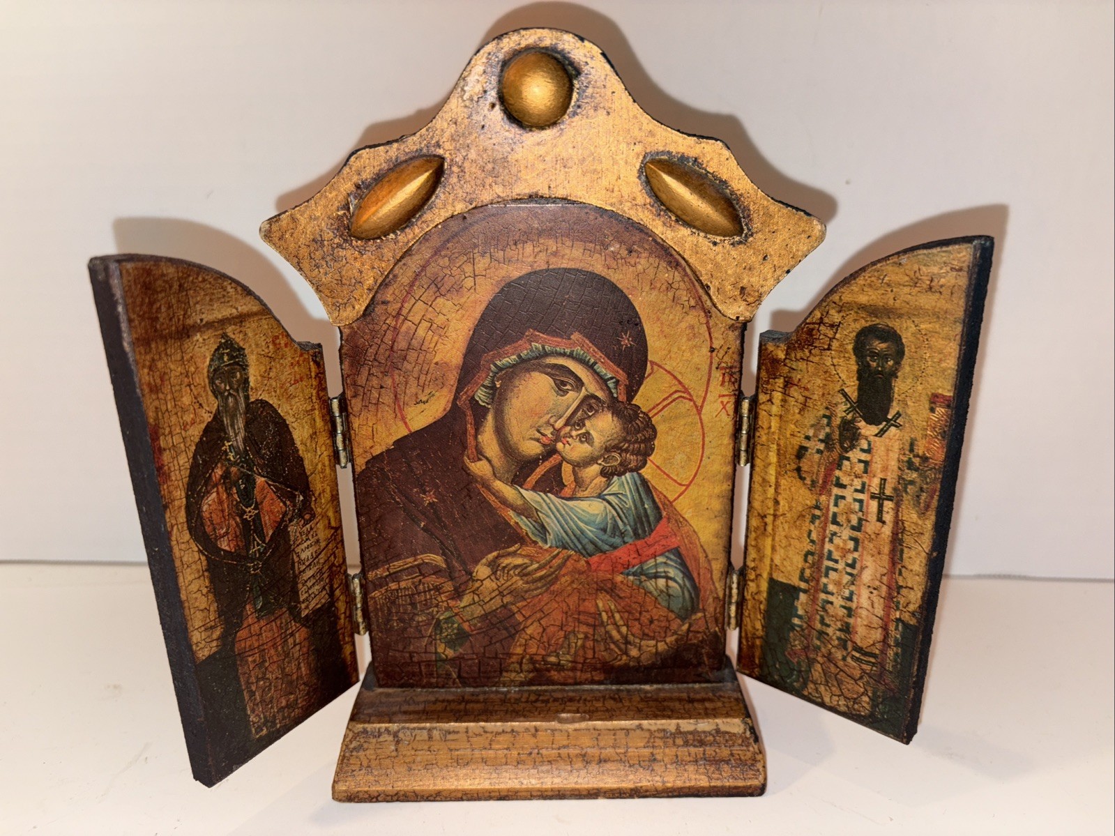 Religious Florentine Triptych Wood Plaque Gold Gilt Icon Relic Print