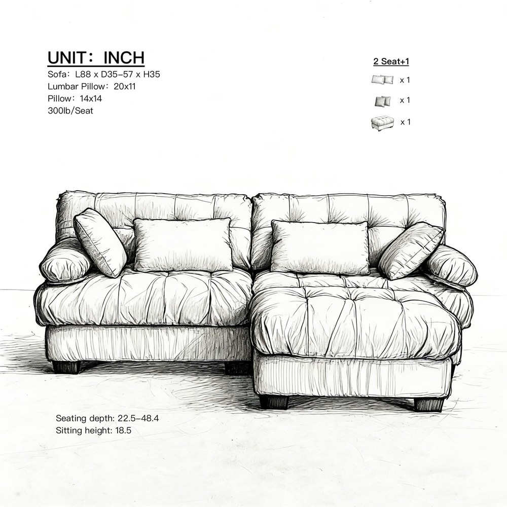 Modular Sectional Sofa Cloud Couch, Deep Seat L Shaped Couch with Ottoman,So