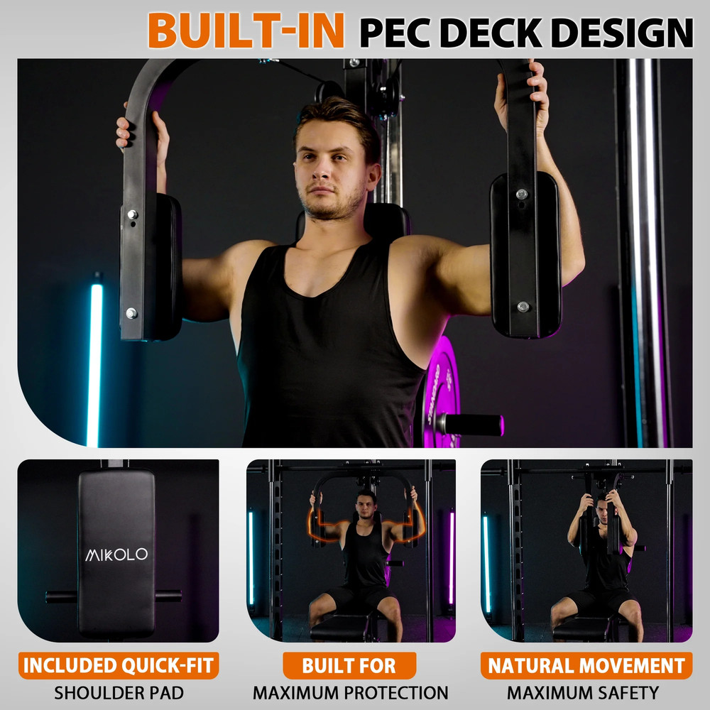 Smith Machine Home Gym, Multi-Functional Power Rack with Pec Deck Machine, Lat P