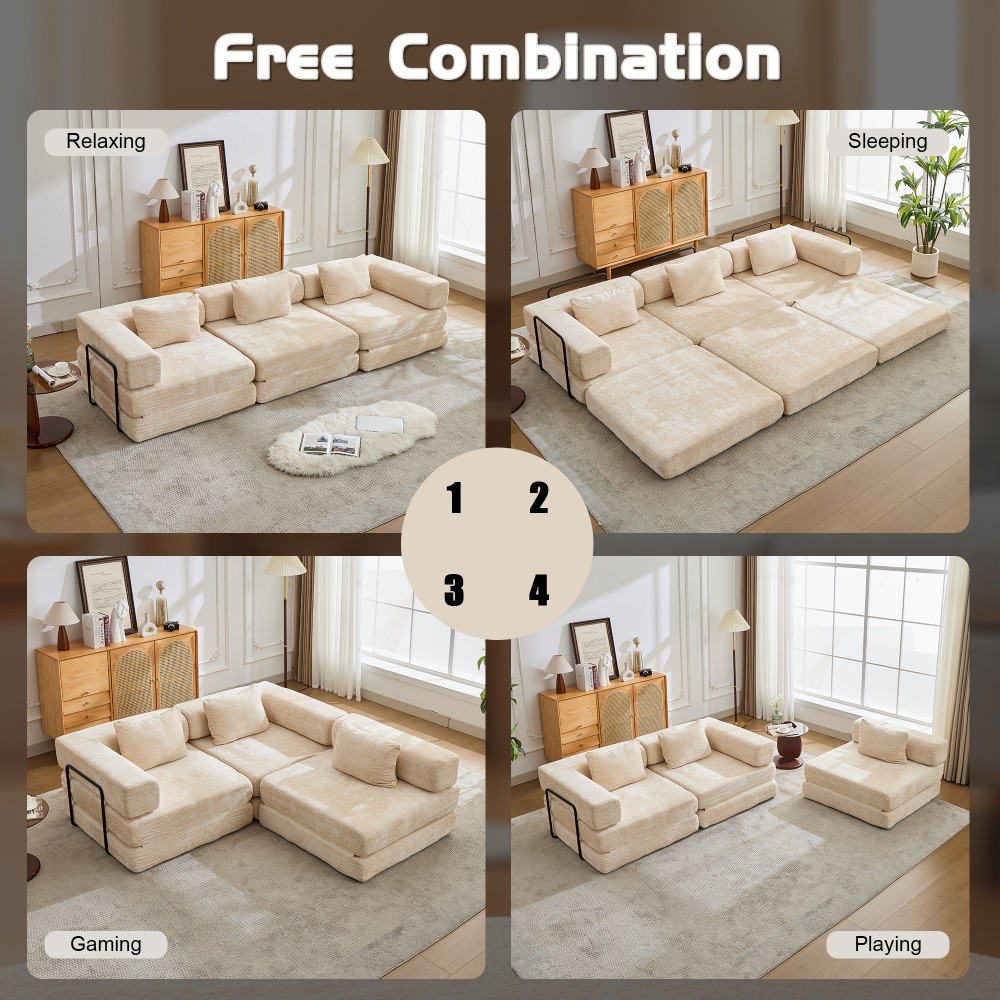 Convertible Floor Sofa Bed w/Fixed Frame, Chenille, Beige, No Assembly