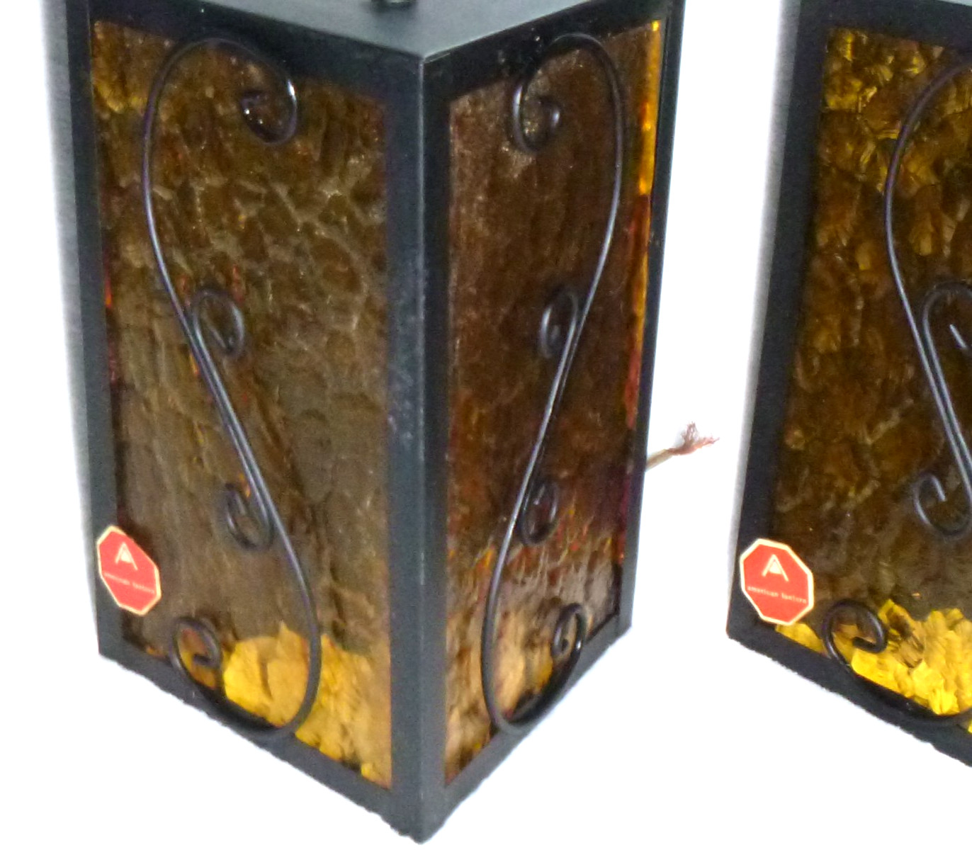 PAIR NOS Vtg 1969 Amber Glass & Black Metal Trianglular Indoor /Outdoor Sconces