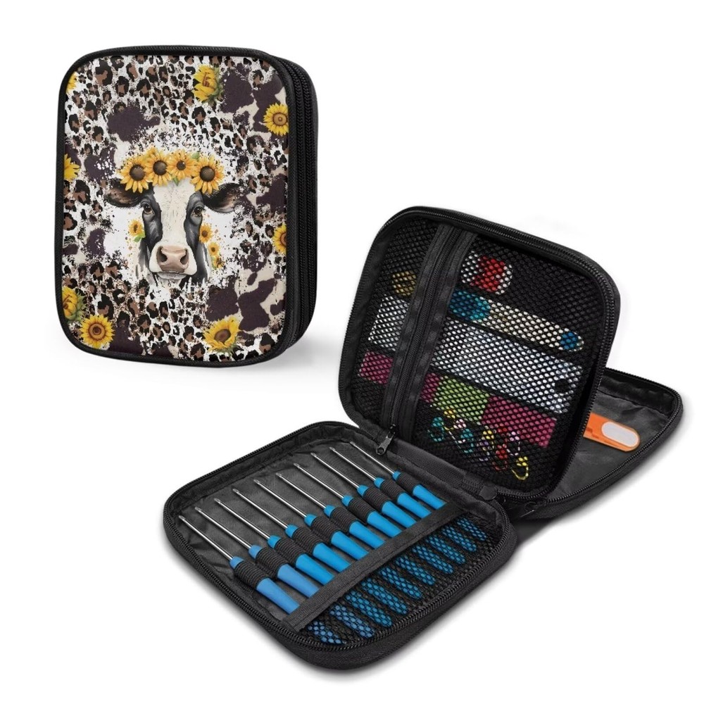 Kathyboom Cowhide Sunflower Empty Crochet Hook Case -
