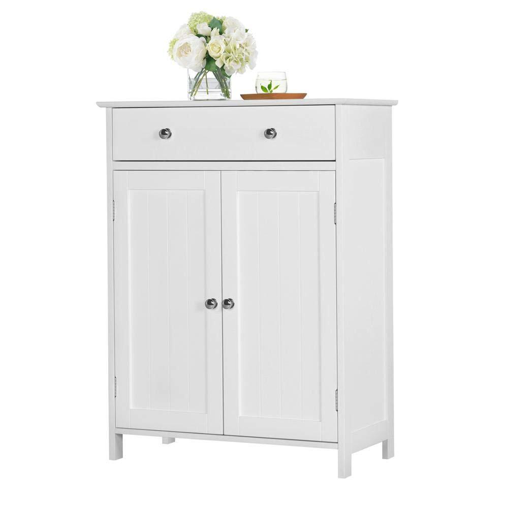 White Wooden Bathroom Floor Cabinet Storage Cupboard W/ Shelves for Home Kitchen