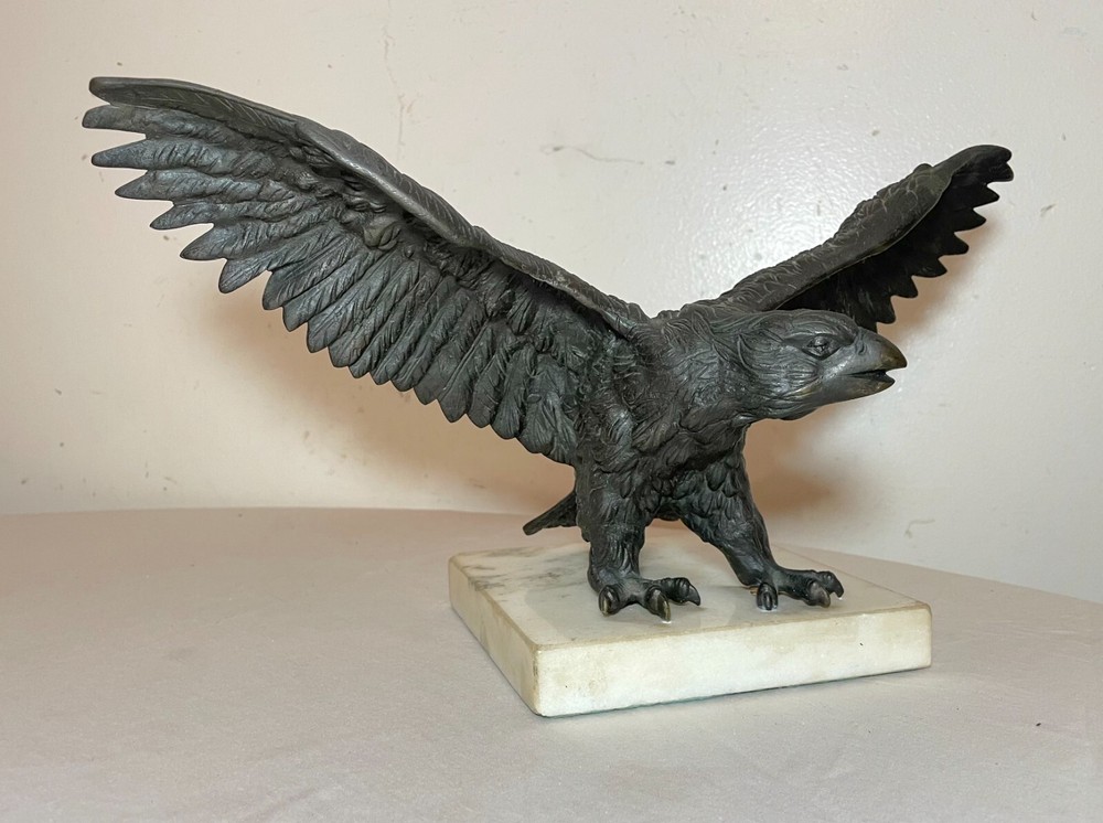 antique solid bronze marble open winged American bald eagle statue sculpture