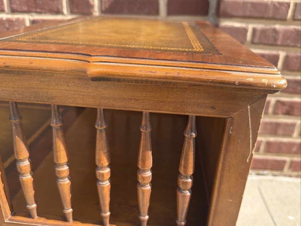 PAIR Step-Back Tooled Leather Top ANTIQUE Side End Tables