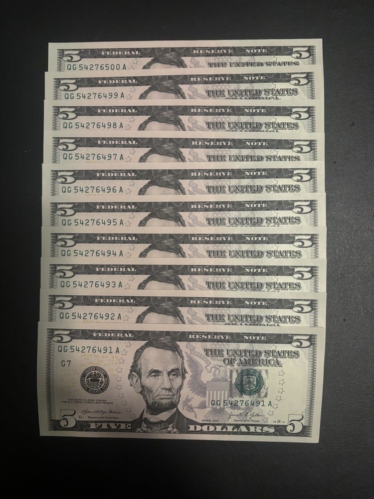 $5 Bills - 10 Uncirculated Sequential Five Dollar Bills - 2021