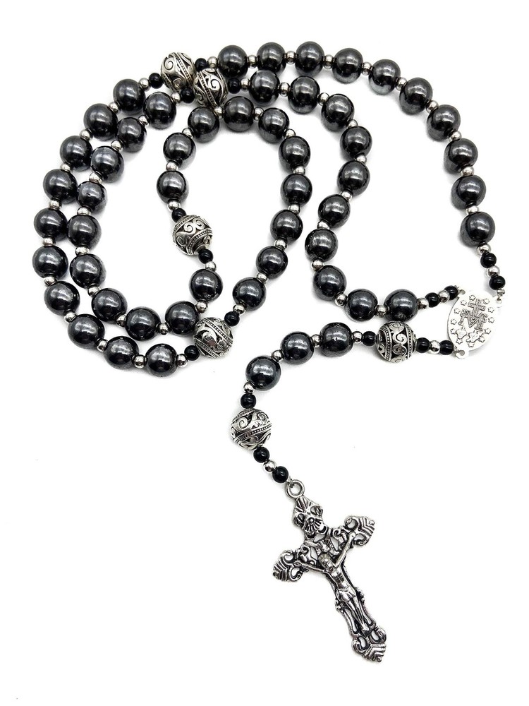 Hematite Rosary Black Stone Beads Metal Beaded Necklace Mary Miraculous Medal