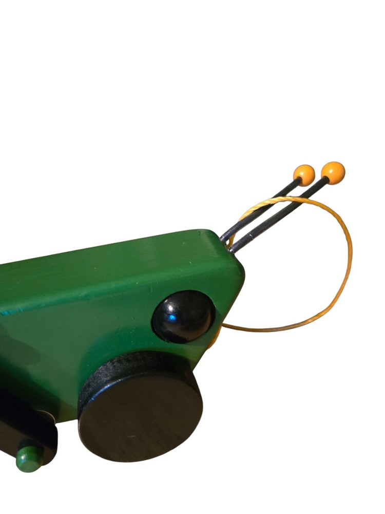 Green Grasshopper handcrafted Wooden Rolling Pull Toy